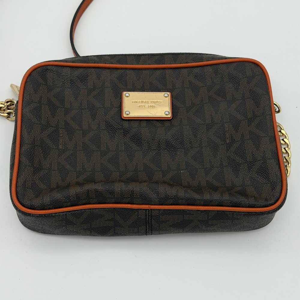 Michael Kors Jet Set Large Monogram Crossbody Bag Brown Orange Trim Gold Chain